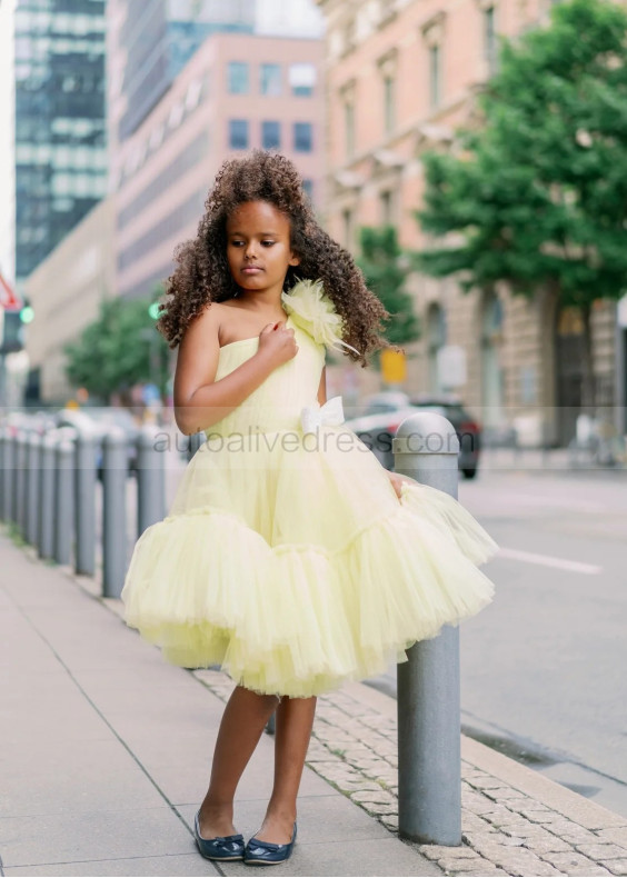 One Shoulder Bright Yellow Tulle Flower Girl Dress